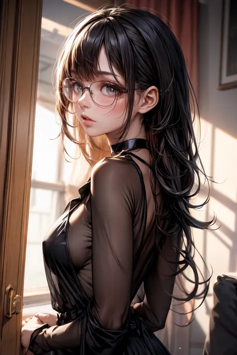 (masterpiece, best quality), 1girl, messy hair, choker, black silk pajamas, see-through, glasses, <lora:add_detail:1>