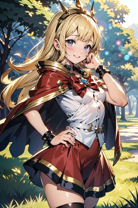 1girl, (Cagliostro:1.2), long hair, blonde, CagliostroBase, hairband, crown, black thighhighs, (red bow, red skirt:1.1), cape, (small breasts:1.3), smile, cheerful expression, hand on hip, hand up, sparkle, outdoors, forest, Masterpiece, best quality, detailed background, intricate details, detailed, <lora:CagliostroLORA:0.8>