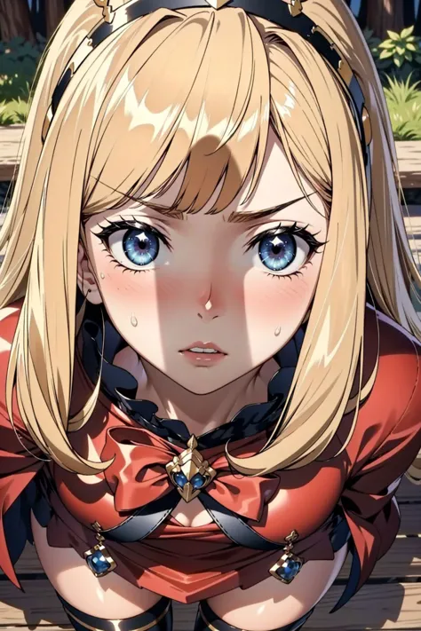 1girl, (Cagliostro:1.3), long hair, blonde, (CagliostroBase:1.2), hairband, crown, black thighhighs, (red bow:1.2), (red dress:1.1), cape, small breasts, (face closeup:1.5), facing forward, looking at viewer, (scared, worried, wide-eyed:1.5), frown, (parted lips:1.2), outdoors, forest, lake, from above, Masterpiece, best quality, detailed background, intricate details, detailed, <lora:CagliostroLORA:0.8>  <lora:penis_shadow:0.8> (penis shadow:1.3)