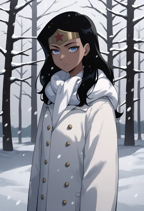 score_9, score_8_up, score_7_up, score_6_up, score_5_up, score_4_up, BREAK, source_anime,
1girl, wonderwoman standing outdoors in the snow during the winter, 
black hair, long hair, blue eyes, dark skin,
winter clothes, white scarf, coat, 
expressionless, looking at viewer, outdoors, snow, snowing, solo, tree, winter  <lora:WonderWomanKidsXL:1>