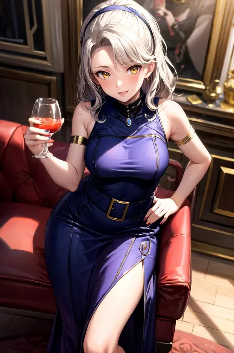 a woman in a blue dress holding a wine glass