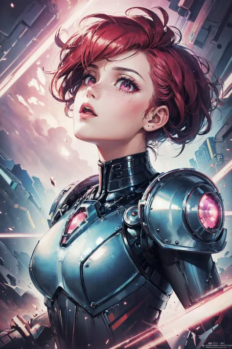 a woman in a futuristic suit with red hair and a futuristic helmet