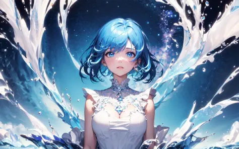 absurdres, highres, (official art, beautiful and aesthetic:1.2), (close view:1.15),
(1girl, blue hair, middle hair, blue eyes, shining eyes, white long dress, Blue Frill,:1.2)
blue sky, Sparkling Galaxy, (Salar de Uyuni:1.2), (fractal art:0.8),
water effects, ripple effects, (flower effects:0.65), light effects,