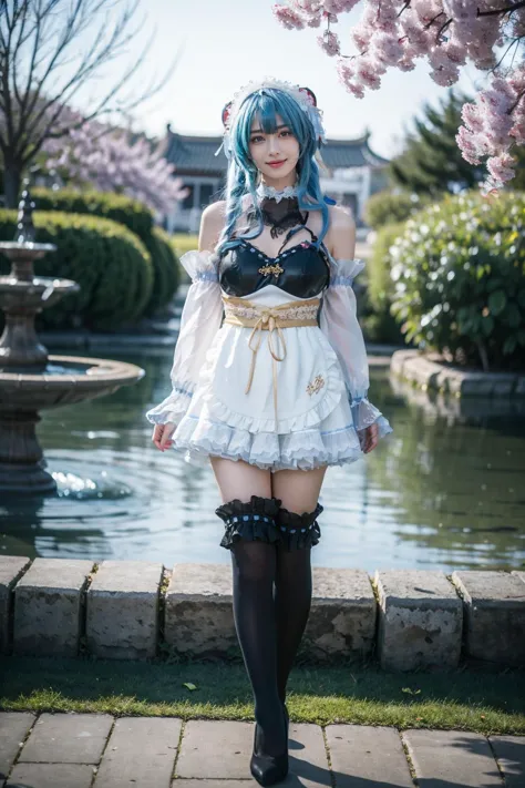 best quality, masterpiece, realistic, photorealistic, 1girl, solo, looking at viewer, smile, full body, ganyu cosplay costume, arms behind back, ganyu, cosplay, genshin impact, long hair, blue hair, alternate costume, dress, apron, white apron, detached sleeves, detached collar, bare shoulders, frills, frilled sleeves, maid headdress, hairband, horns, kneehighs, frilled kneehighs, high heels, chinese garden, tree, flower, water, <lora:Genshin_Ganyu_maid_cosplay_v1:0.7>