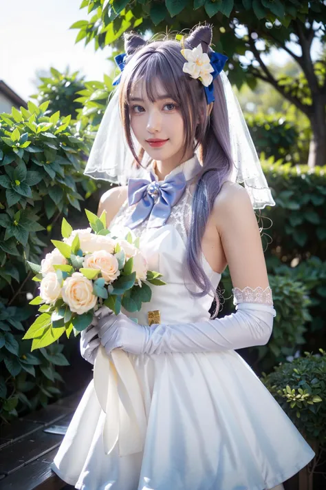 best quality, masterpiece, realistic, photorealistic, 1girl, solo, looking at viewer, smile, standing, cowboy shot, keqing cosplay costume, keqing, cosplay, alternate costume, purple hair, twintails, long hair, hair bun, cone hair bun, dress, white dress, wedding dress, sleeveless dress, frills, lace trim, gloves, white gloves, elbow gloves, bow, bowtie, flower, veil, bridal veil, bride, hair ornament, hair flower, hair ribbon, hair bow, holding bouquet, bouquet, outdoors, garden, tree, water, detailed background, <lora:Genshin_Keqing_WeddingDress_cosplay_v1:0.75>