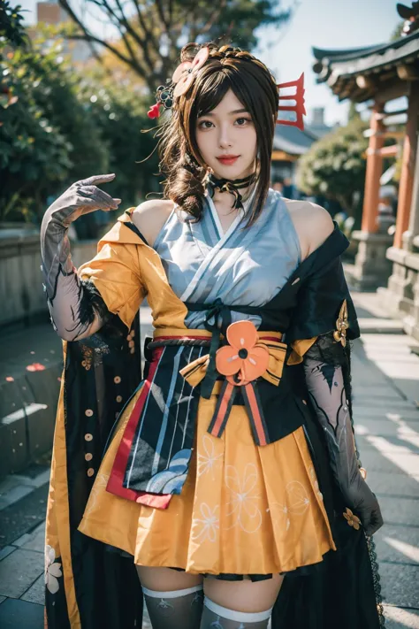 best quality, masterpiece, realistic, photorealistic, 1girl, solo, looking at viewer, smile, standing, cowboy shot, chiori cosplay costume, chiori, genshin impact, cosplay, brown hair, long hair, japanese clothes, kimono, hair ornament, hair flower, hair stick, choker, elbow gloves, gloves, flower, thighhighs, japanese garden, japenese building, tree, water, <lora:Genshin_Chiori_cosplay_v1:0.7>