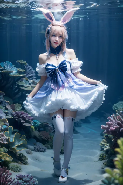 a close up of a woman in a dress and bunny ears in the water