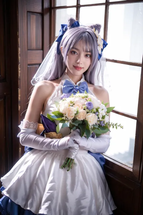 arafed woman in a wedding dress holding a bouquet of flowers