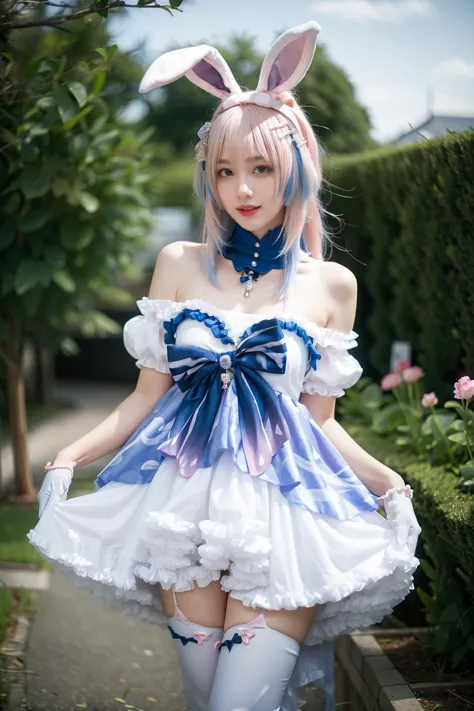 best quality, masterpiece, realistic, photorealistic, 1girl, solo, looking at viewer, smile, standing, cowboy shot, sangonomiya kokomi cosplay costume, sangonomiya kokomi, genshin impact, cosplay, alternate costume, pink hair, gradient hair, multicolored hair, long hair, dress, off-shoulder dress, frilled dress, frills, bow, detached collar, detached sleeves, dress bow, bare shoulders, fake animal ears, animal ears, rabbit ears, hair ornament, gloves, white gloves, thighhighs, garden, flower, water, <lora:Genshin_Kokomi_Rabbit_cosplay_v1:0.7>, <lora:Background Detail Enhanced_Si_v3.0:1.5>