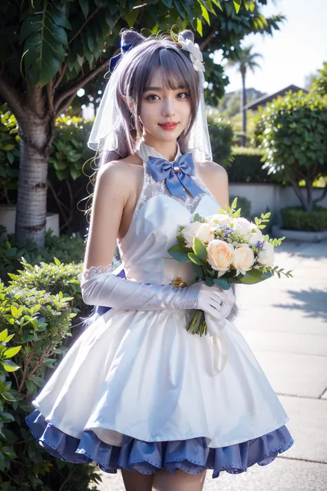 arafed woman in a white dress and blue bow tie holding a bouquet