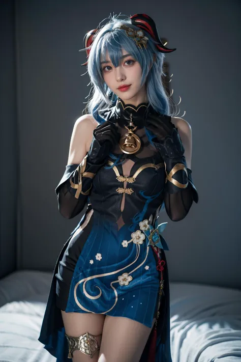 best quality,masterpiece,realistic,photorealistic,1girl,solo,looking at viewer,smile,standing,cowboy shot,ganyu cosplay costume,...