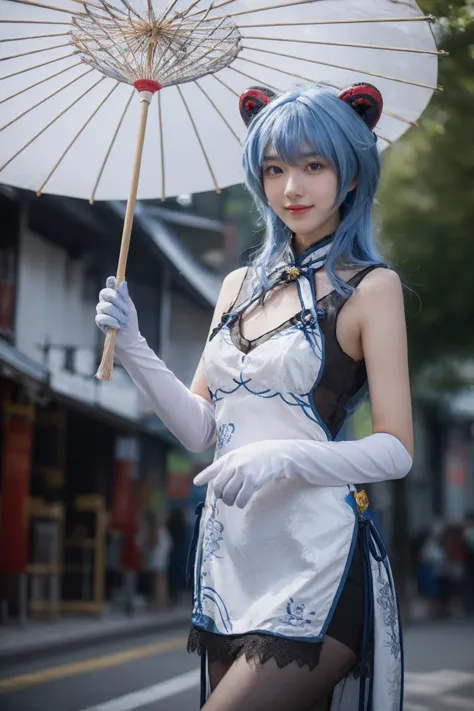 best quality,masterpiece,realistic,photorealistic,1girl,solo,looking at viewer,smile,standing,cowboy shot,ganyu cosplay costume,...