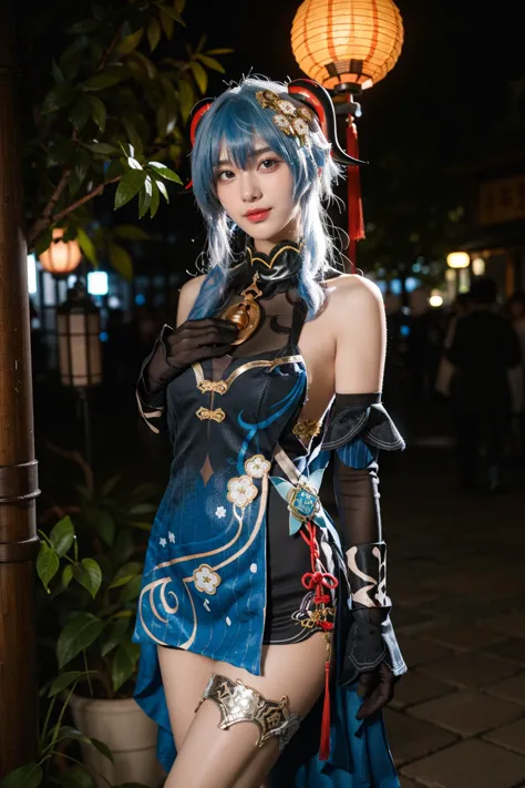 best quality,masterpiece,realistic,photorealistic,1girl,solo,looking at viewer,smile,standing,cowboy shot,ganyu cosplay costume,...