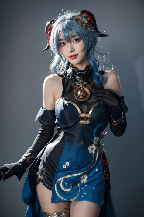 best quality,masterpiece,realistic,photorealistic,1girl,solo,looking at viewer,smile,standing,cowboy shot,ganyu cosplay costume,...