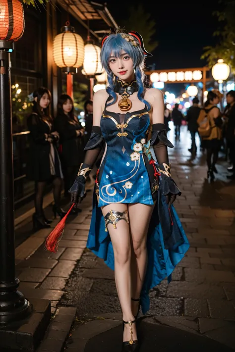 best quality, masterpiece, realistic, photorealistic, 1girl, solo, looking at viewer, smile, standing, full body, ganyu cosplay costume, ganyu, genshin impact, cosplay, alternate costume, blue hair, long hair, horns, hair ornament, hair between eyes, dress, blue dress, china dress, sleeveless dress, bare shoulders, detached sleeves, gloves, elbow gloves, thigh strap, bell, high heels, night, light, lantern, china garden, flower, plant, tree, water, <lora:Genshin_Ganyu_Lantern_Rite_cosplay_v1:0.7>