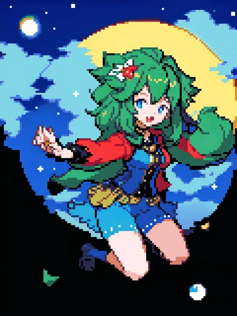 a pixel art of a girl with green hair and a cape