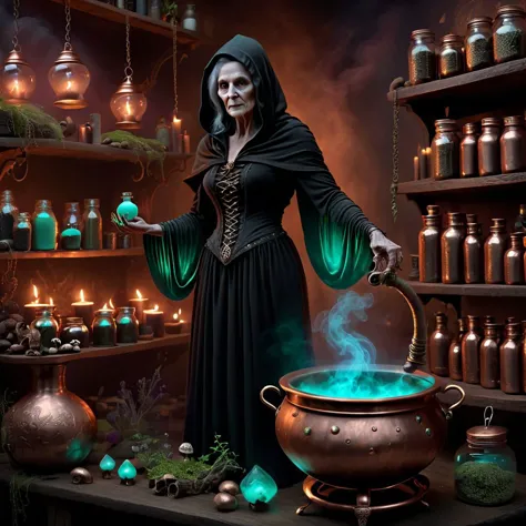 old crone witch, standing before a (copper cauldron, double bubble, toil and trouble), familiar by her side, a book of shadows o...