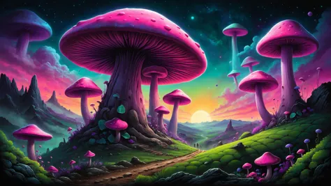 alien landscape, Giant mushrooms towering like colossal pillars, Verdant vineyards stretching across rolling hills , alien [fauna:flora:0.5], neon pastel, <lora:wildlife-sdxl:0.8> t-shirt_design, <lora:EnvyFeverDreamXL01a:0.7>, <lora:xl_more_art-full_v1:0.4>