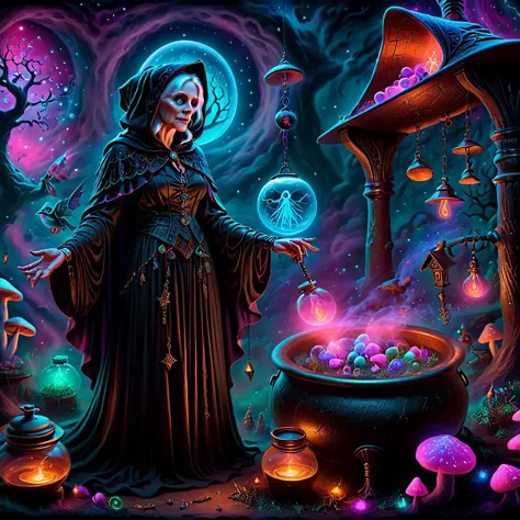 old crone witch, standing before a (copper cauldron, double bubble, toil and trouble), familiar by her side, a book of shadows o...