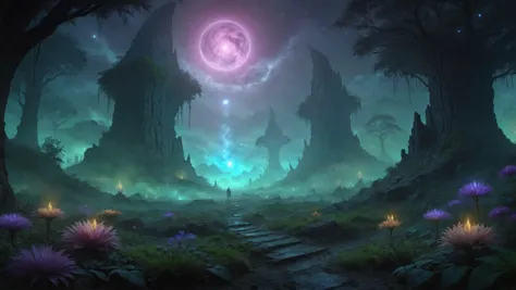 a painting of a forest with a path leading to a glowing light