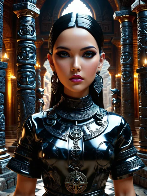 Woman wearing a ral-obsdn outrageous fashion outfit, Ancient temple interior with mystical symbols in the background,, photorealistic, highly detailed, sharp focus, symmetric face, Artstation HQ, DeviantArt trending, 4k UHD, Unreal Engine 5 