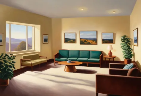 ((((painting of)))) a group home reception, reception desk, large waiting room, cosy, scenery, (Hopper style)