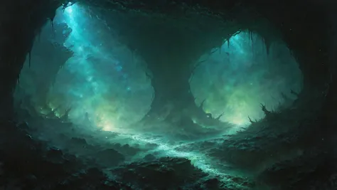 a painting of a cave with a river running through it