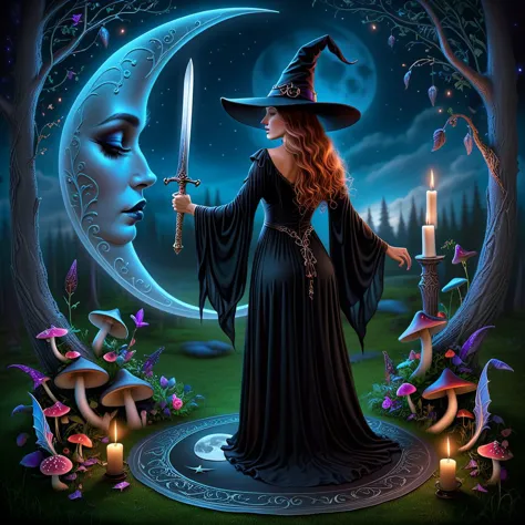 a woman in a witch costume holding a sword in front of a moon