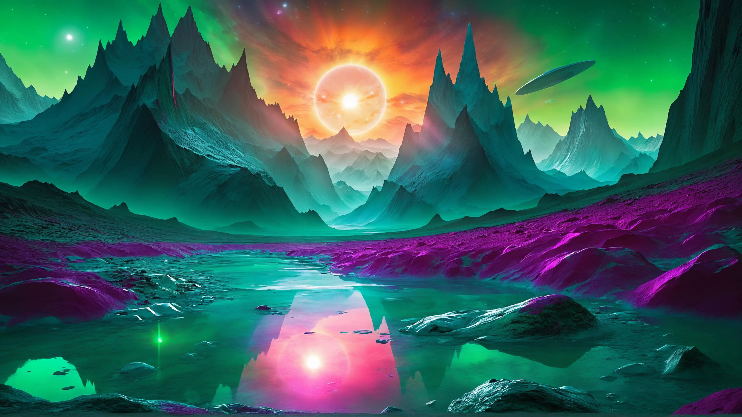 外星人 landscape, Glacial formations reflecting the 外星人 sun, 翠绿山谷坐落在高耸的山脉之间 , 外星人 [弗洛拉:動物群:0.5], 電影燈光, 绚丽夺目的鲜艳油漆, 
