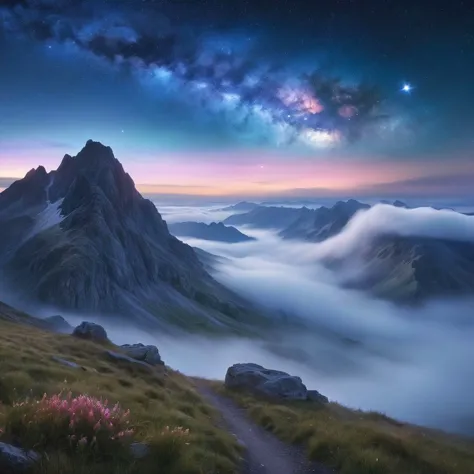 Hasselblad Award Winner, photorealistic,  nightime,  a montainous landscape,  eerie mist, faery tales, nebula, starry sky,harmonious, sublime, serenity, 