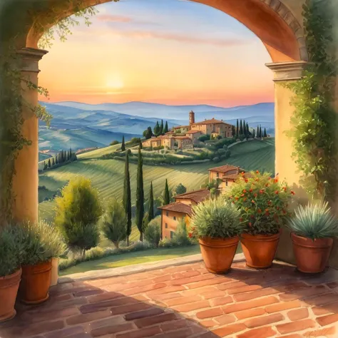 a painting of a view of a tuscann countryside from a doorway