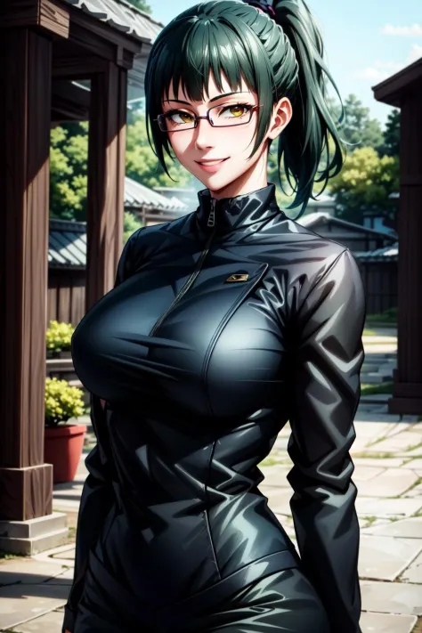 best quality, masterpiece, 1girl, (solo:1.1), raytracing, ultra detailed,detailed face, 8k wallpaper, wide hips, ZeninMakiNDV, 1girl, green hair, yellow eyes, large breasts, ponytail, glasses, jujutsu uniform, jacket,black skirt, outdoor, smile, looking at viewer,  