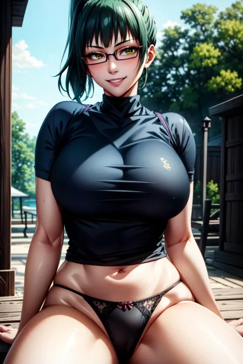 best quality, masterpiece, 1girl, (solo:1.1), raytracing, ultra detailed,detailed face, 8k wallpaper, wide hips, <lora:more_details:0.5>, ZeninMakiNDV, 1girl, green hair, yellow eyes, large breasts, ponytail, glasses, panties, shirt, sitting, outdoor, smil...