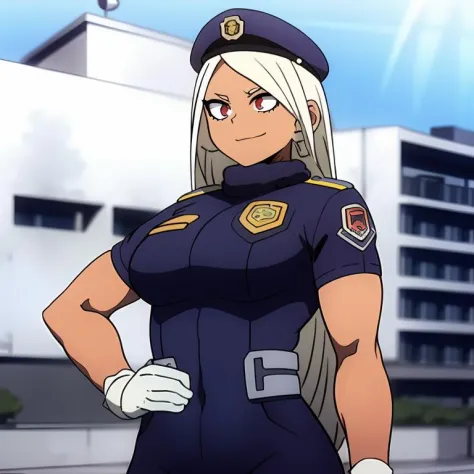 masterpiece,best quality,1girl(msm woman),standing,(wearing police uniform) <lora:mirko-kekeo-nounet:0.8>