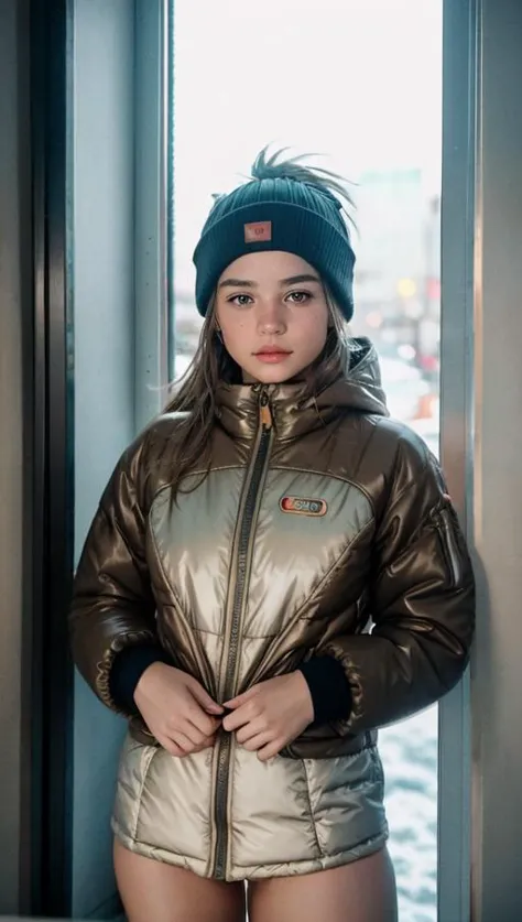 analog photo,a cute girl,bihari,20 years old,light brown hair,petite,small tits,ski suit,zoom layer cyberpunk city,vintage,faded...