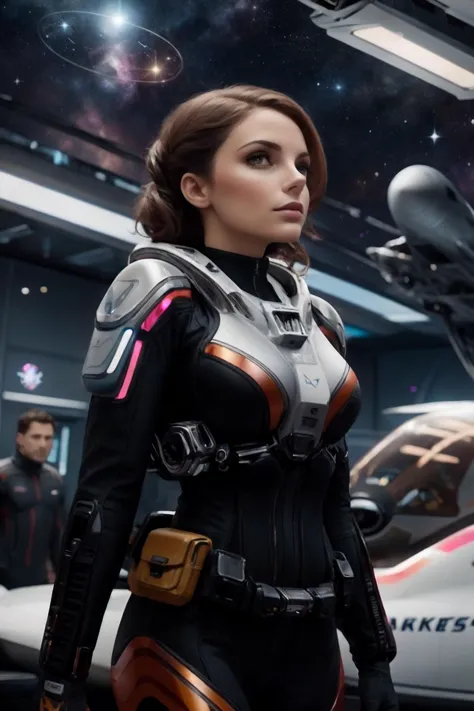 a woman in a futuristic suit standing in front of a spaceship