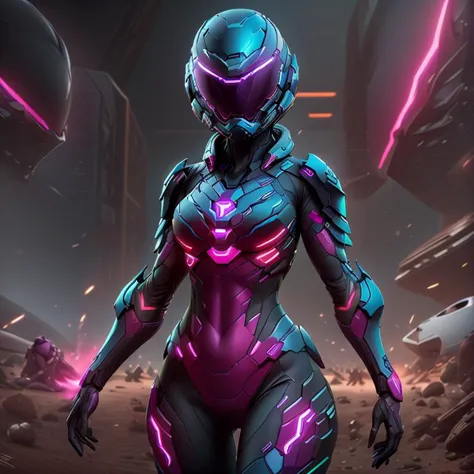 1girl, cowboy shot, helmet,   full armor,   neon, glowing, 