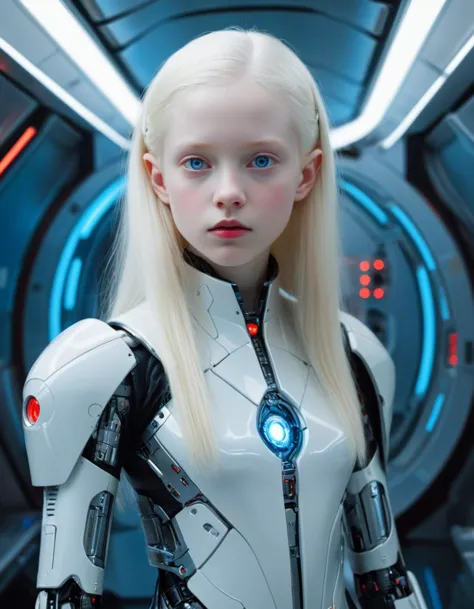 알비노 어린 소녀의 유화를 클로즈업하다, 창백한 피부,  몸, 흰머리, 긴 머리, 빛나는 파란 눈, 여자 1명, 빨간색 로봇 슈트를 입고, 미래의 우주선에서, 금속 질감 강조 첨단 연구실, 매끄러운 표면, 복잡한 디테일이 돋보이는 미래 지향적인 현대 SF, 채도가 낮은 컬러 사진, 탑 라이트, 앤더스 조른(Anders Zorn) 스타일의 뛰어난 그림 | 마르코 마초니 | 유리 이바노비치, 토드 맥팔레인, 알렉시 브리클로, 캔버스에 오일