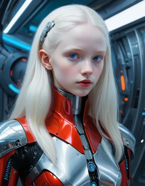 a close up of a woman in a futuristic suit with a sci - fiore