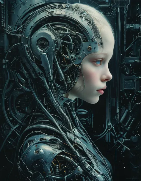 a close up of a woman with a robot head and a machine