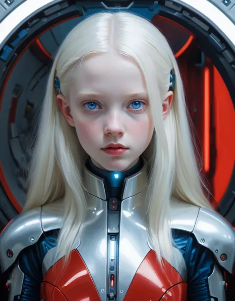 a close up of a young girl in a futuristic suit