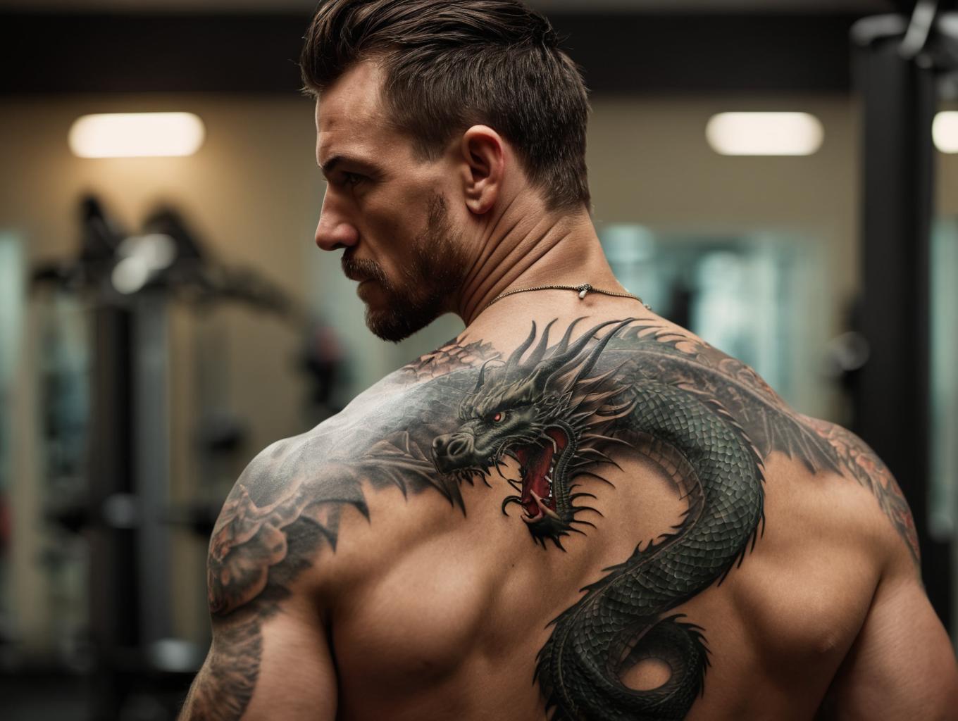 A close up of a man with a dragon tattoo on his back - SeaArt AI