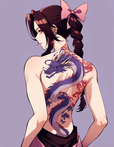 late,  1girl,  dragon tattoo, back tattoo,  <lora:lora-000006:0.8>, defaerith, braided ponytail, hair bow, pink bow,  <lora:aeri...