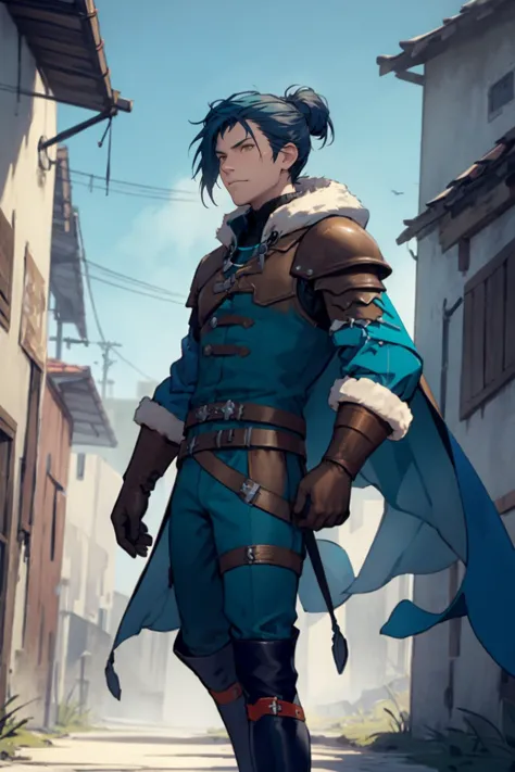 a man in a blue outfit and a blue cape is walking down a street