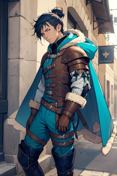 a man in a blue cape and brown pants standing on a sidewalk