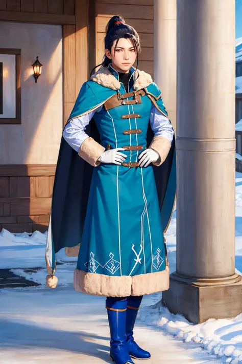 araffe dressed in a blue coat and blue boots standing in front of a building