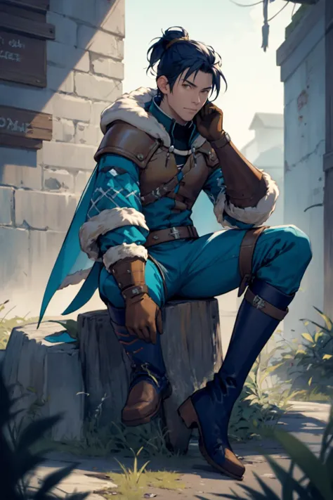 best quality, Mature male, propped up on one hand (sitting or standing), <lora:felix-nvwls-v1-final:.9> warFelix, fur trim, capelet, teal jacket, brown gloves, armor, belt, teal pants, thigh boots