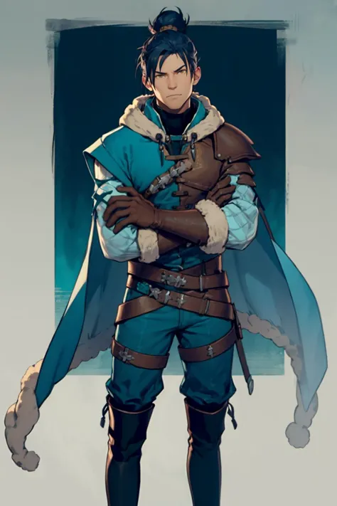 best quality, Mature male, arms crossed, <lora:felix-nvwls-v1-final:.9> warFelix, fur trim, capelet, teal jacket, brown gloves, armor, belt, teal pants, thigh boots