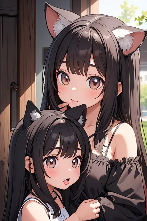 anime girl hugging another girl with cat ears