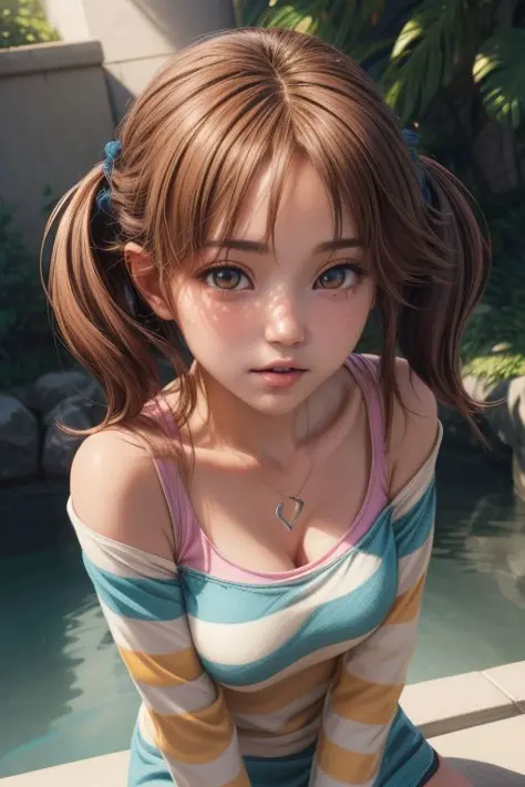 totoki airi, brown hair, brown eyes, twintails,striped shirt, thighhighs, jewelry, heart necklace, ((pretty face, skin indentation, eyes reflection, stunning eyes, rim lighting, skin shading, sub surface scattering)), (masterpiece, best quality, ray tracing, volumetric lighting, ssao shadows, detailed, intricate),((portrait)), 